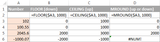 Excel functions to round a number to nearest 1000