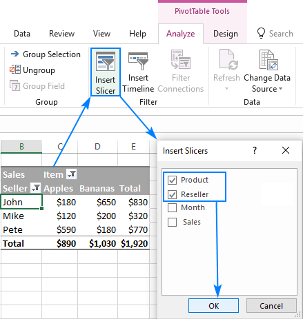 Excel slicer: visual filter for pivot tables and charts