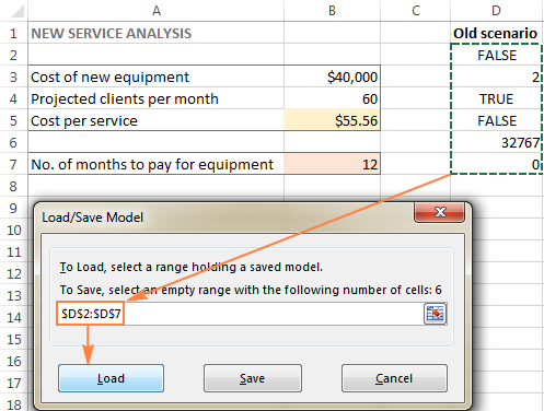 Select the range of cells containing the saved model and click Load.