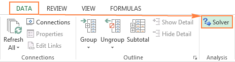 The Solver button in Excel 2016, 2013, 2010 or 2007