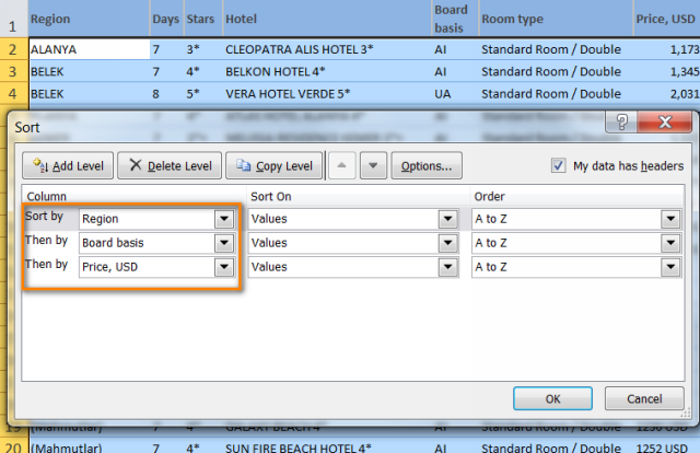 sorting columns in excel for mac