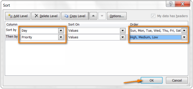 Choose 2 different custom lists by which you want to sort your data
