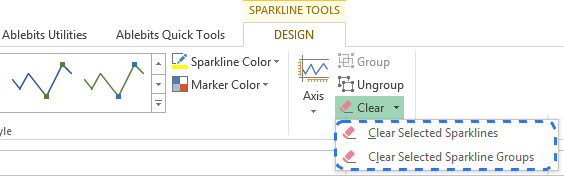 Click on the down arrow next to Clear on the DESIGN tab to delete a sparkline or a sparkline group
