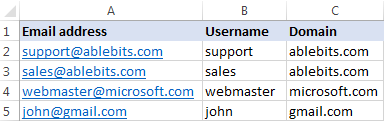 Parts of email addresses are extracted in separate columns.