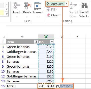 Use Excel's AutoSum feature to sum filtered cells automatically.