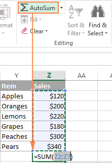 Using AutoSum to sum a column in Excel