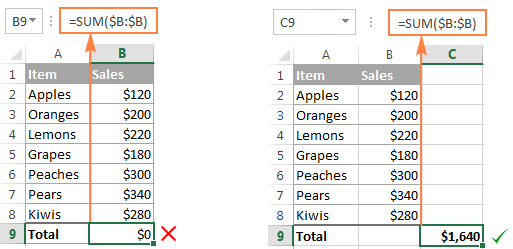 Excel SUM formula to total a column rows or only visible cells