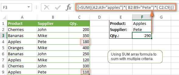 An example of using Excel SUM in an array formula