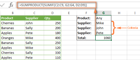 Sum with multiple criteria using the SUMPRODUCT / SUMIF formula