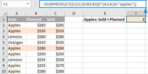 Excel SUMPRODUCT function with multiple criteria formula examples