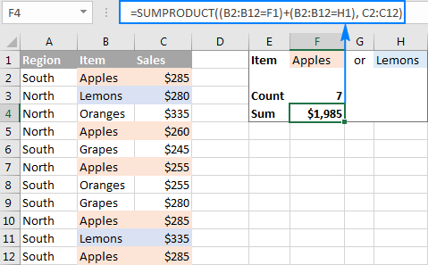 SUMPRODUCT formulas with OR logic to conditionally count and sum cells