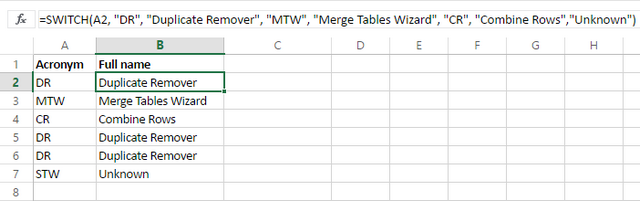 Use the Excel Switch function to return full names for acronyms