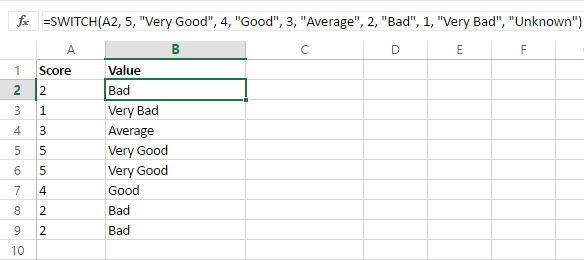Return values for rating scores with the switch function