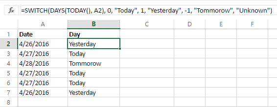 Return values for dates using Excel SWITCH