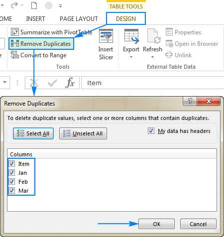 Removing duplicates from an Excel table