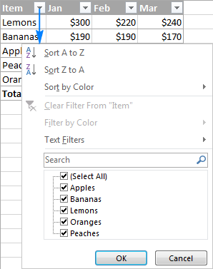 Sorting and filtering options in an Excel table