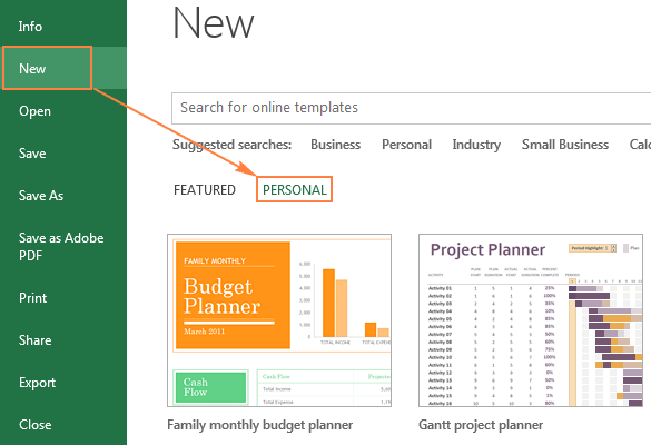 The Personal tab with custom templates in Excel 2013