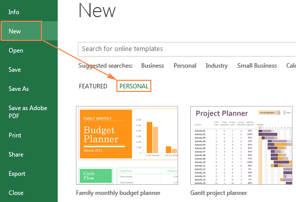 The Personal tab with custom templates in Excel