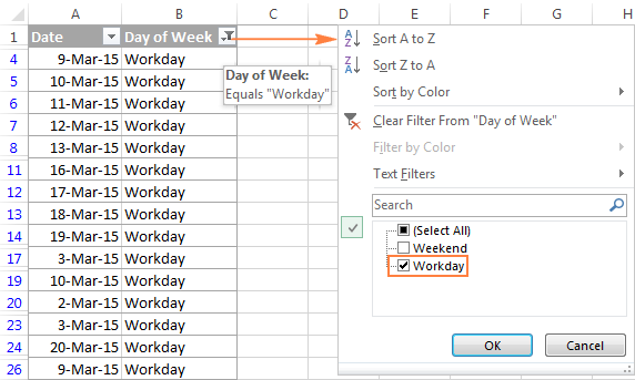 Filtering working days or weekends in Excel