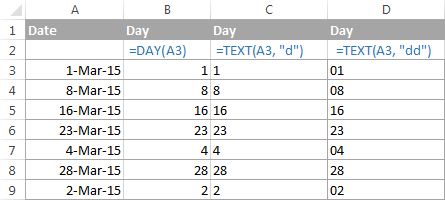 The DAY and TEXT formulas to get a day of the month from date