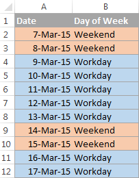 Use Excel conditional formatting to highlight workdays and weekends