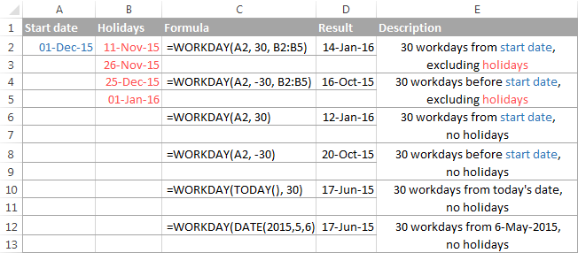 Using the WORKDAY function in Excel