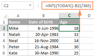 A formula to convert a date of birth to age