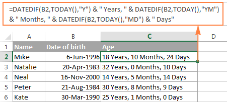 Calculating exact age from date of birth in Excel