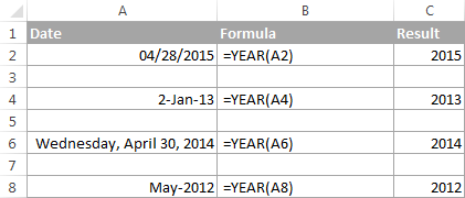 Excel YEAR formula examples
