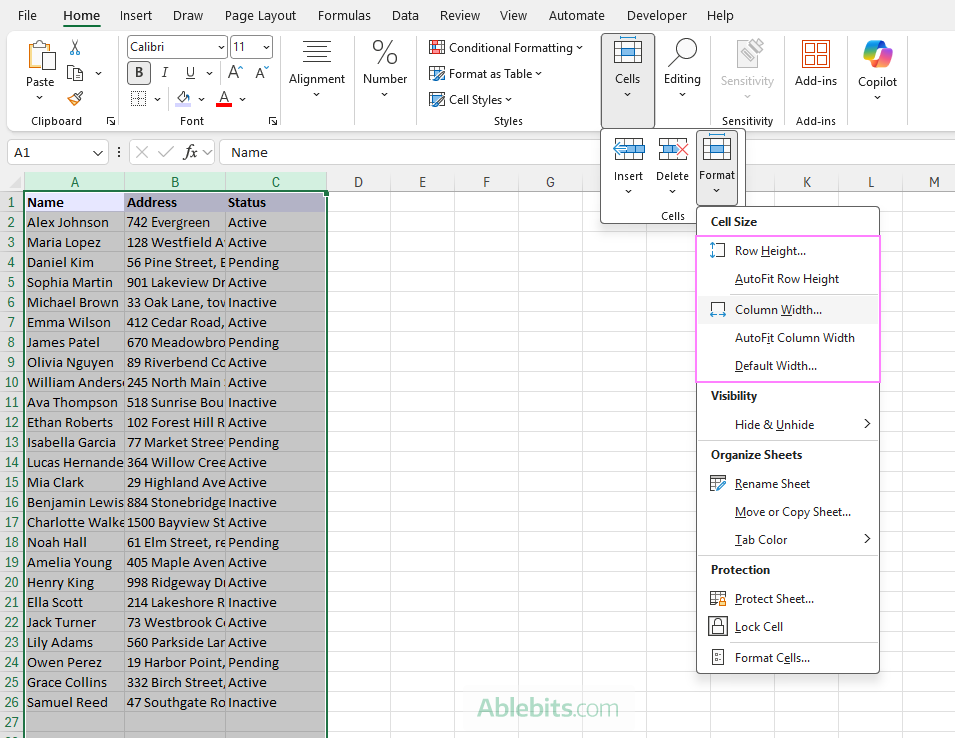 Expand Excel cells using the Format menu