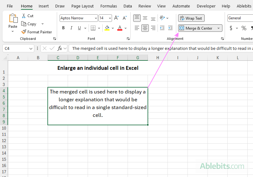 Enlarge a specific cell in Excel by merging.