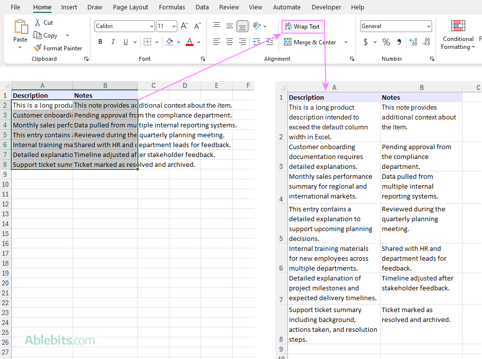 Expand Excel cells to fit text vertically.