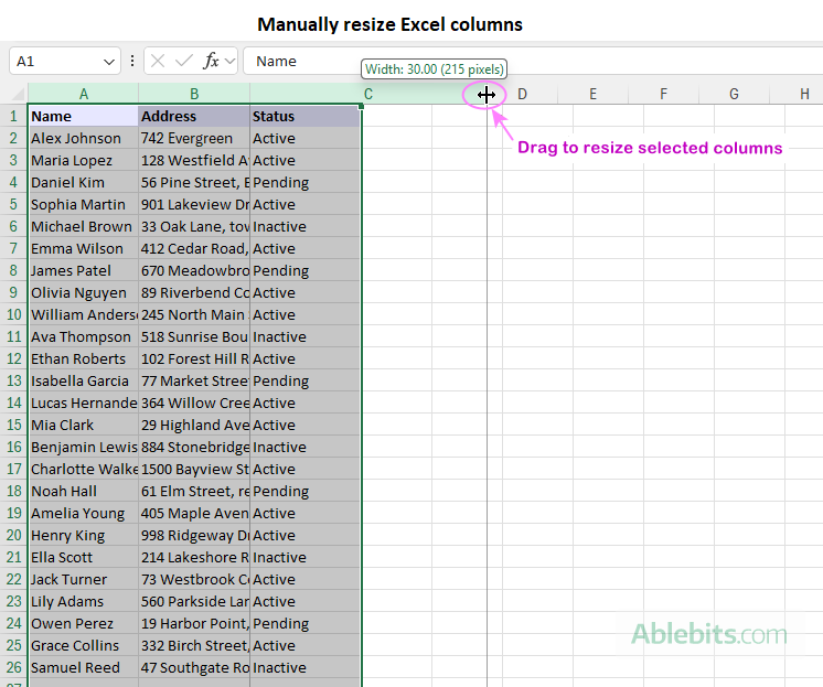 Resize columns in Excel by dragging.