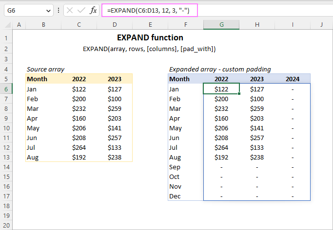 Excel EXPAND function to pad an array with a custom value
