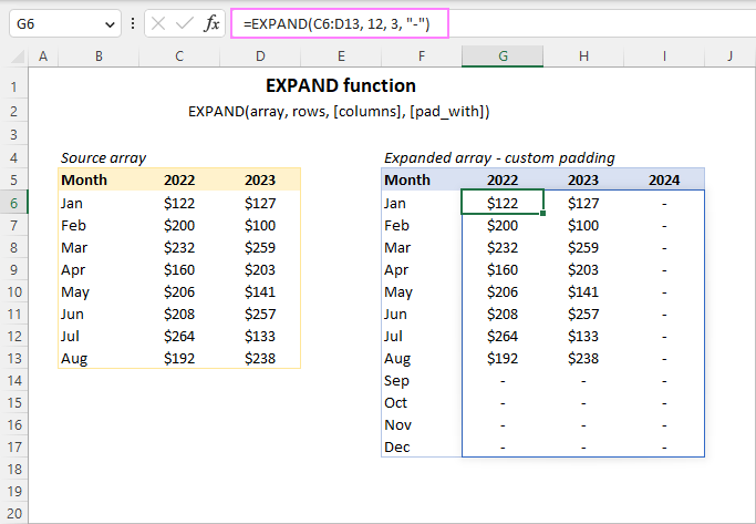 Excel EXPAND function to extend array to specified dimensions