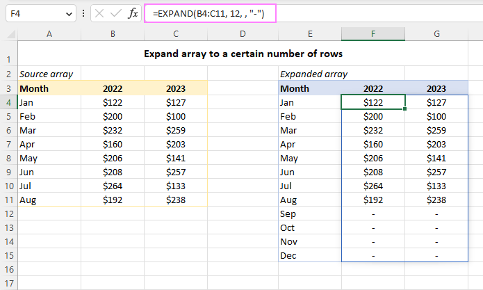 Expand an array to a certain number of rows.
