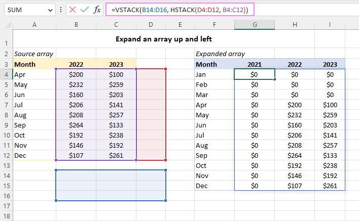 Expand an array up and left.