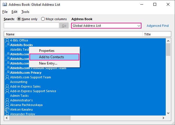 Copy Global Address List to your personal Contacts folder.