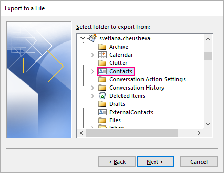 Select the Contacts folder to export.