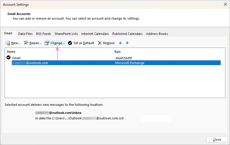 Select the email account from which to export data.