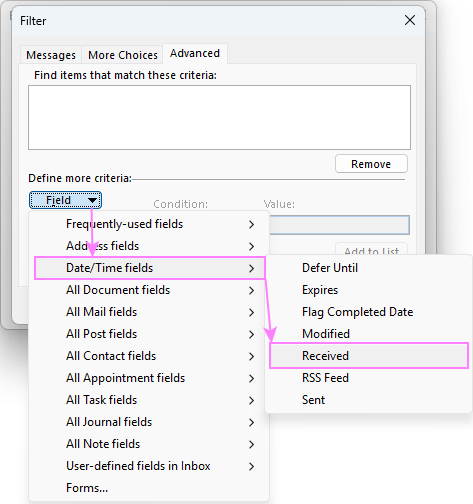 Export emails by received date.