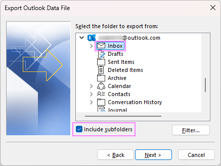Choose to export the entire mailbox or a certain folder.
