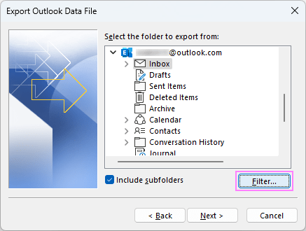 Filter the messages to export.