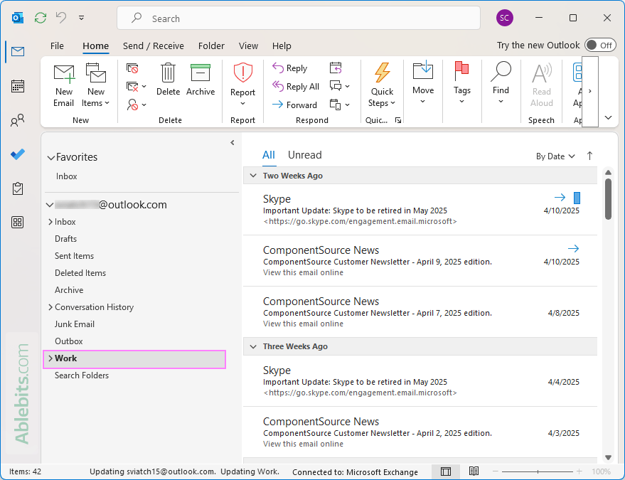 The .pst file is imported into the existing Outlook mailbox.