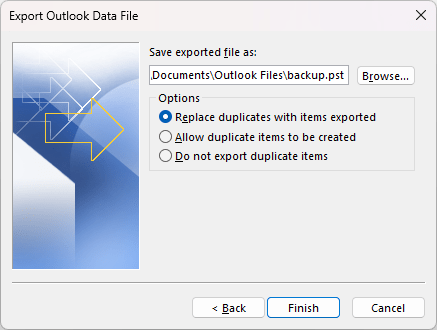 Choose where to save exported emails.