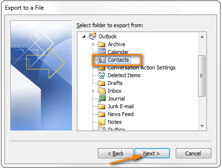 Choose Contacts under the Outlook node.