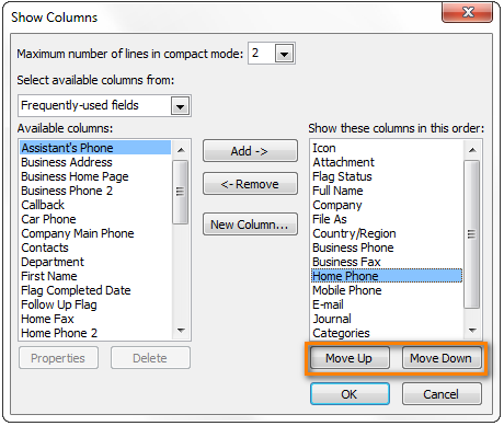 Click either Move Up or Move down button to change the order of columns in your custom view.