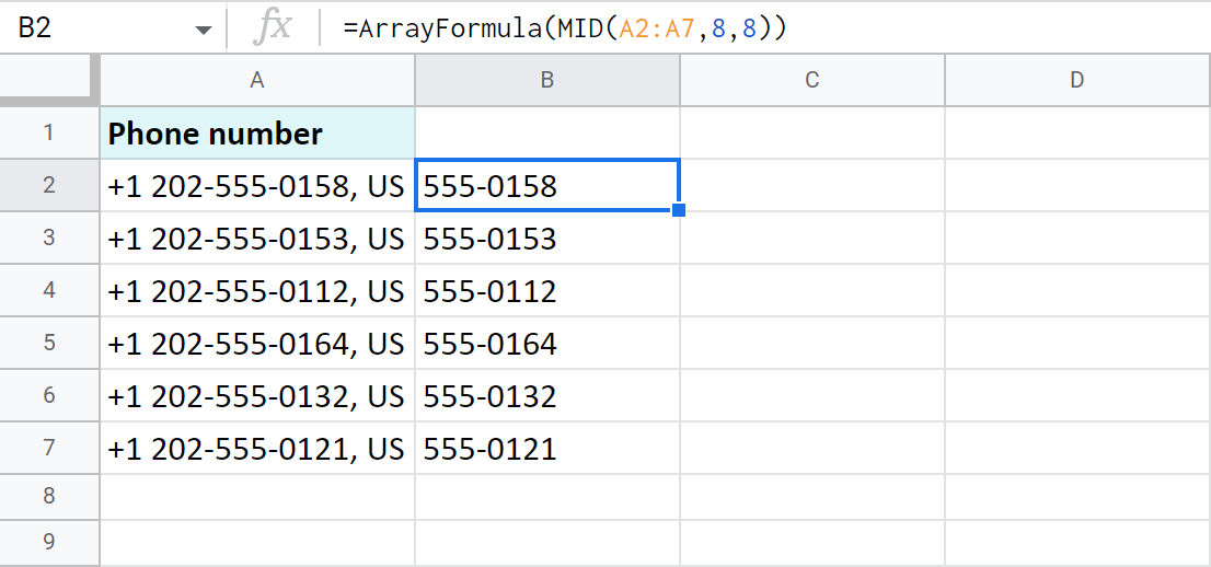 Use ArrayFormula to extract data from the middle of all Google Sheets cells at once.