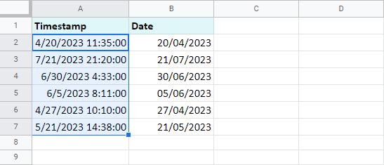 Extract date from timestamps in Google Sheets.