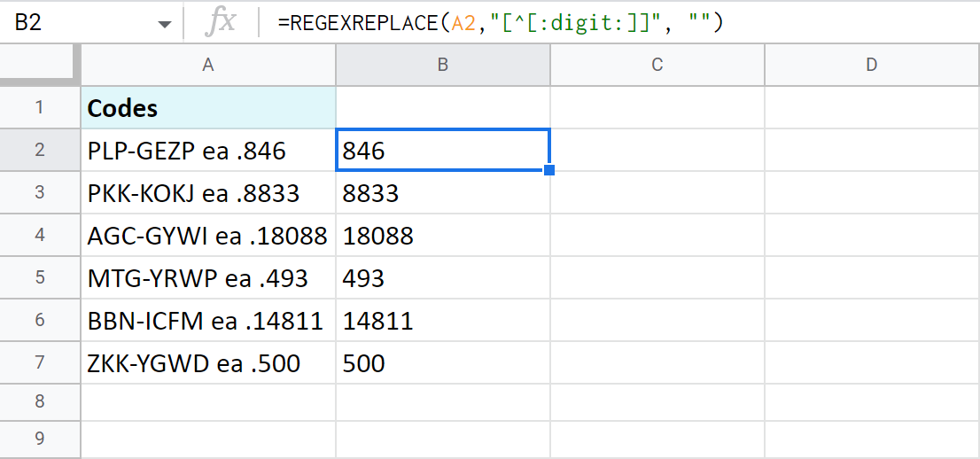 Regular expression to extract numbers from Google Sheets cells.